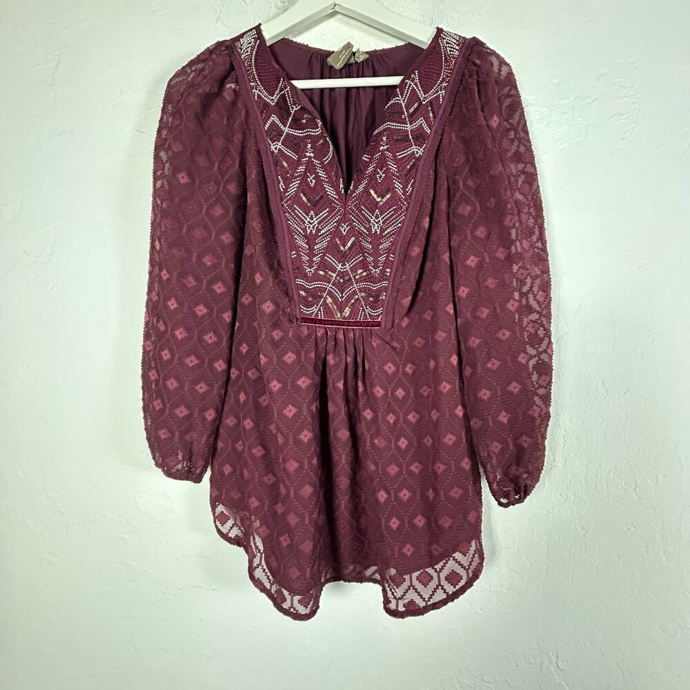 Anthropologie One September Womens Madiran Peasant Blouse Top XS Purple Sequin